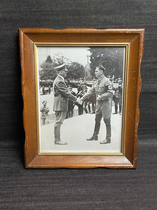 GERMAN WW2 FRAMED PHOTO OF ADOLF HITLER AND RUDOLF HESS AT NURNBERG NSDAP RALLY IN 1938