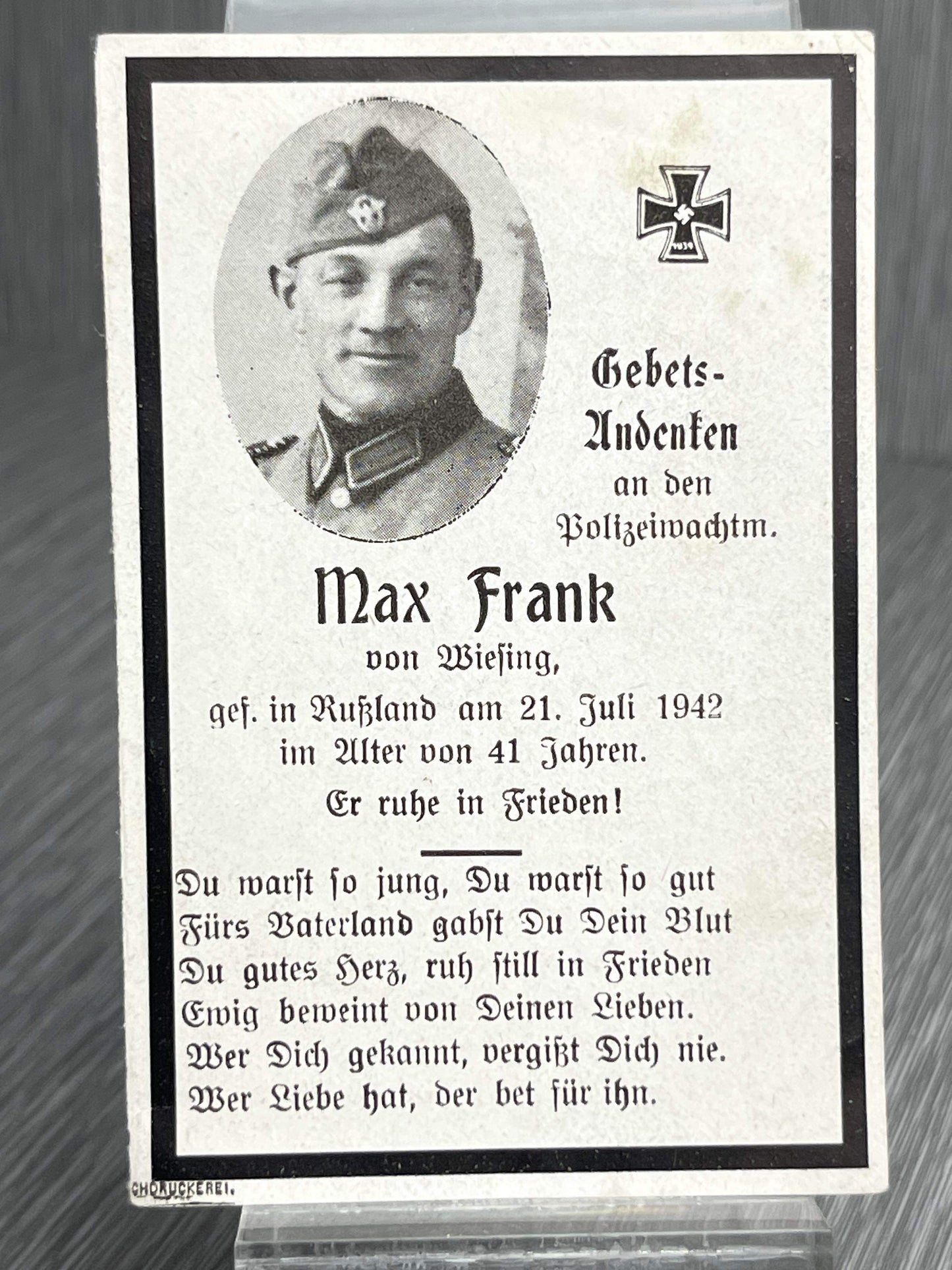 GERMAN WW2 POLICE EM/NCO SOLDIER DEATH CARD EASTERN FRONT „RUSSLAND”